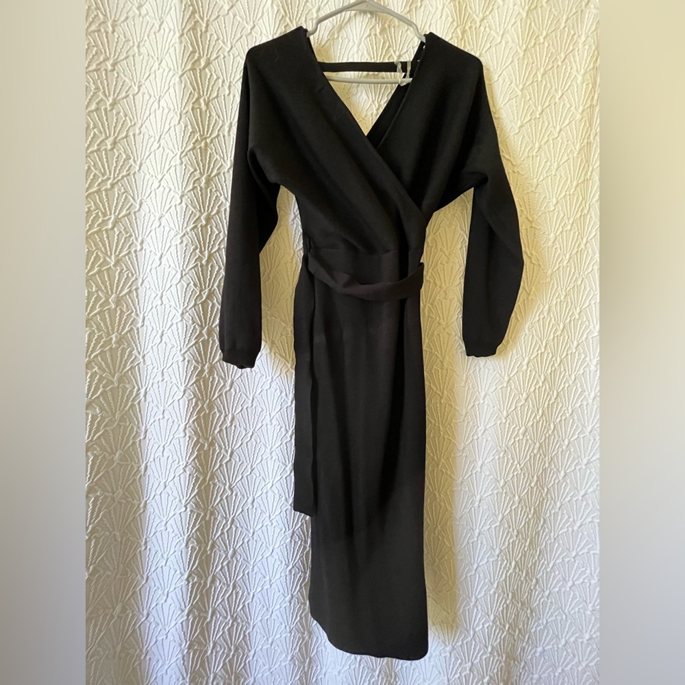 Fitted Black Knit Faux Wrap Dress w/ Waist Tie and Side Slits